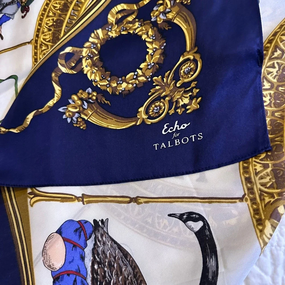 Echo for Talbots Silk Scarf 12 Days of Christmas Navy Blue Gold 34x34 Square